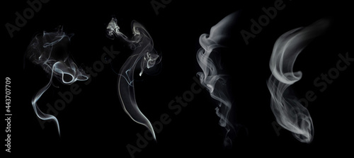 Fog or smoke set isolated on black background. White cloudiness, mist or smog background. photo
