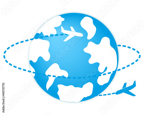 Illustration of a flying airplane around the world. Travel plane graphic print