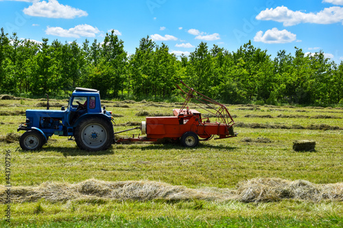 A tractor with a trailed bale machine collects the hay and bales it into windrows. Tractor with hay baler.
