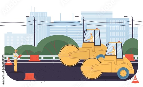 Vector cartoon flat industrial worker characters at road construction work.Engineer workers repair,building new road,lay asphalt-transport engineering,urban planning,web online site banner ad concept