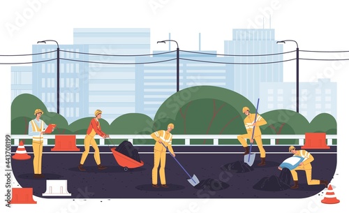 Vector cartoon flat industrial worker characters at road construction work.Engineer workers repair,building new road,lay asphalt-transport engineering,urban planning,web online site banner ad concept