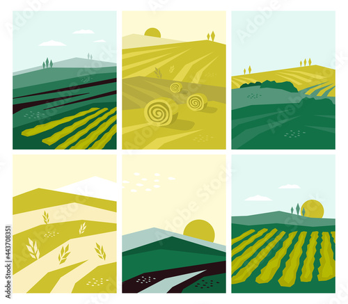 Set of vector agriculture posters with farm land, nature scenery, agri landscape. Agricultural field, farming pasture illustration. Banners with summer rural scene, autumn harvest. Abstract background