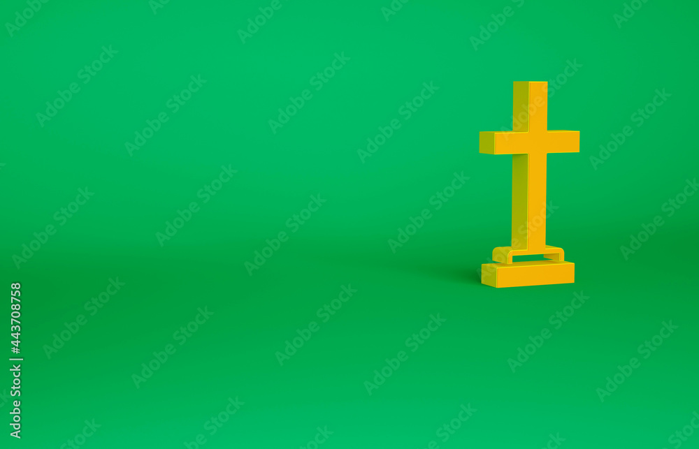 Orange Grave with cross icon isolated on green background. Minimalism concept. 3d illustration 3D render