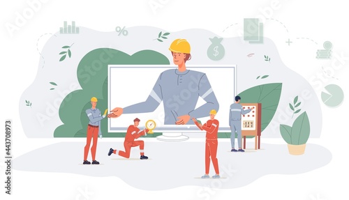 Vector cartoon flat industrial worker characters at oil gas production work.Boss on computer screen and workers plan new construction-oil gas exploration,extraction,refining,web site banner concept