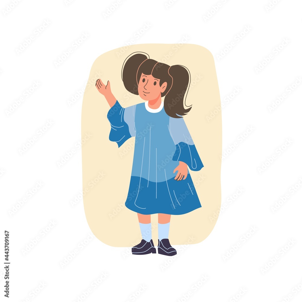 Vector cartoon flat girl character kid happy greeting,waving hand- children's fashion,kids clothing,communication,friendship social concept Vector cartoon flat girl character kid happy greeting,waving hand- children's fashion,kids clothing,communication,friendship social concept