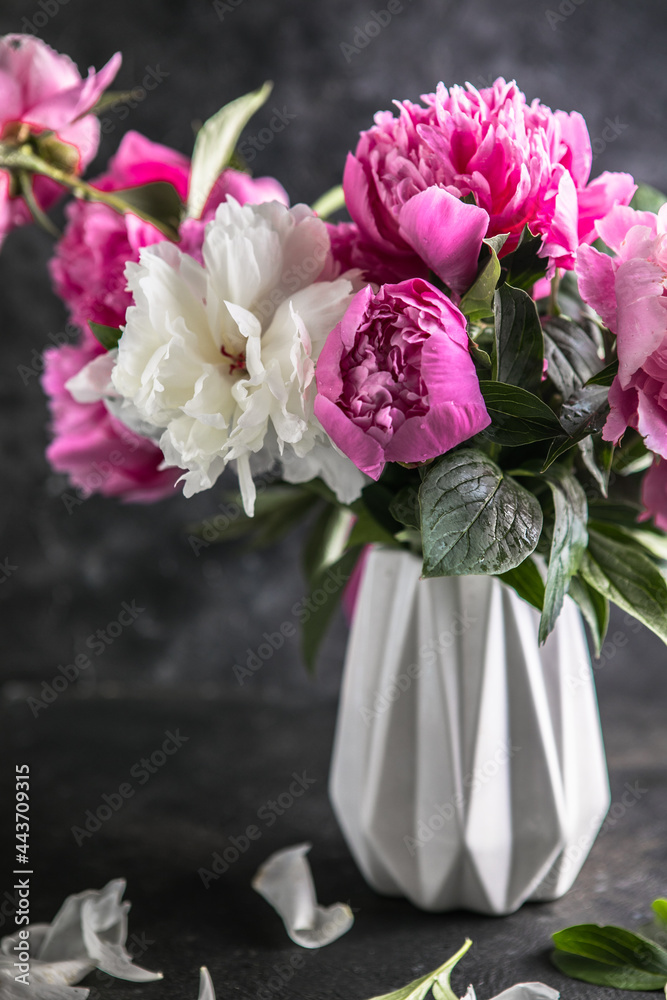 Fresh Peony flowers in vase. bouquet close up. Stylish floral greeting card. Pink peony flower close-up with selective focus.