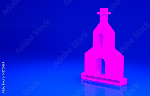 Pink Church building icon isolated on blue background. Christian Church. Religion of church. Minimalism concept. 3d illustration 3D render