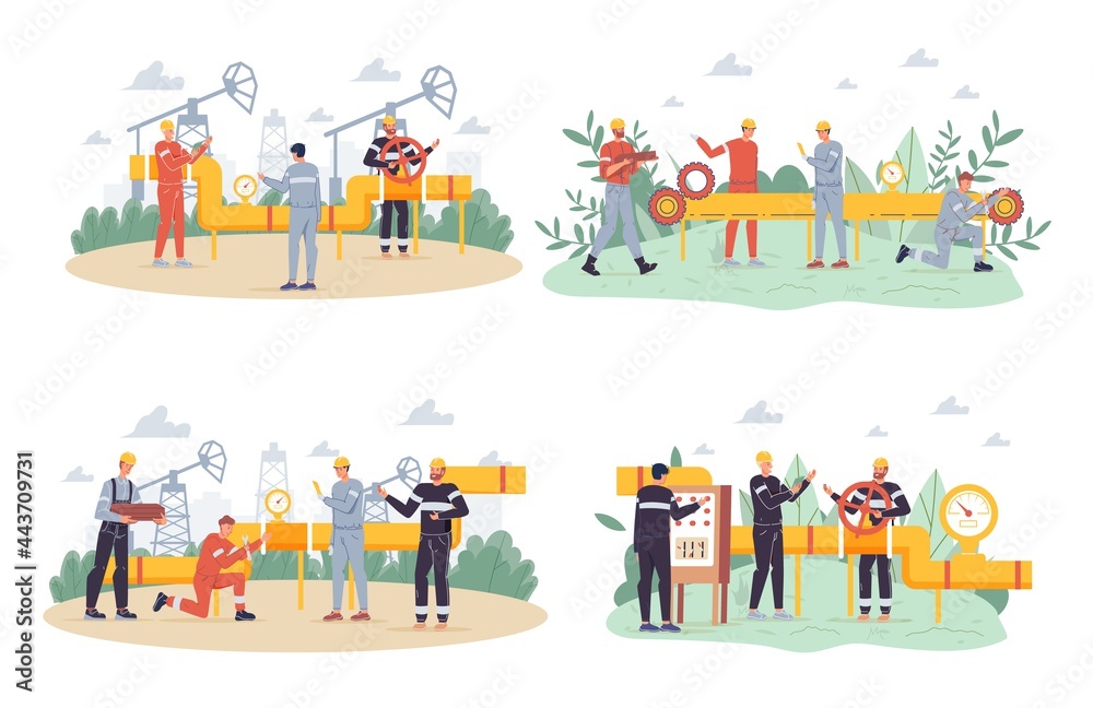 Vector cartoon flat industrial worker characters at gas,petroleum production work set.Engineer workers building new pipeline-oil,gas exploration,extraction,refining,web online site banner ad concept