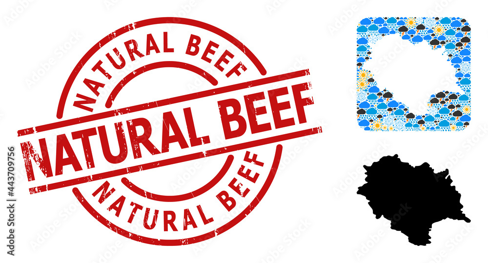 Climate collage map of Himachal Pradesh State, and textured red round Natural Beef stamp. Climate collage map of Himachal Pradesh State, and textured red round Natural Beef stamp.
