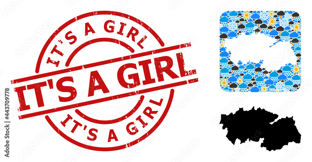 Climate mosaic map of Toledo Province, and rubber red round It'S a Girl seal. Geographic vector mosaic map of Toledo Province is created as stencil from rounded square and scattered rain, cloud, sun,