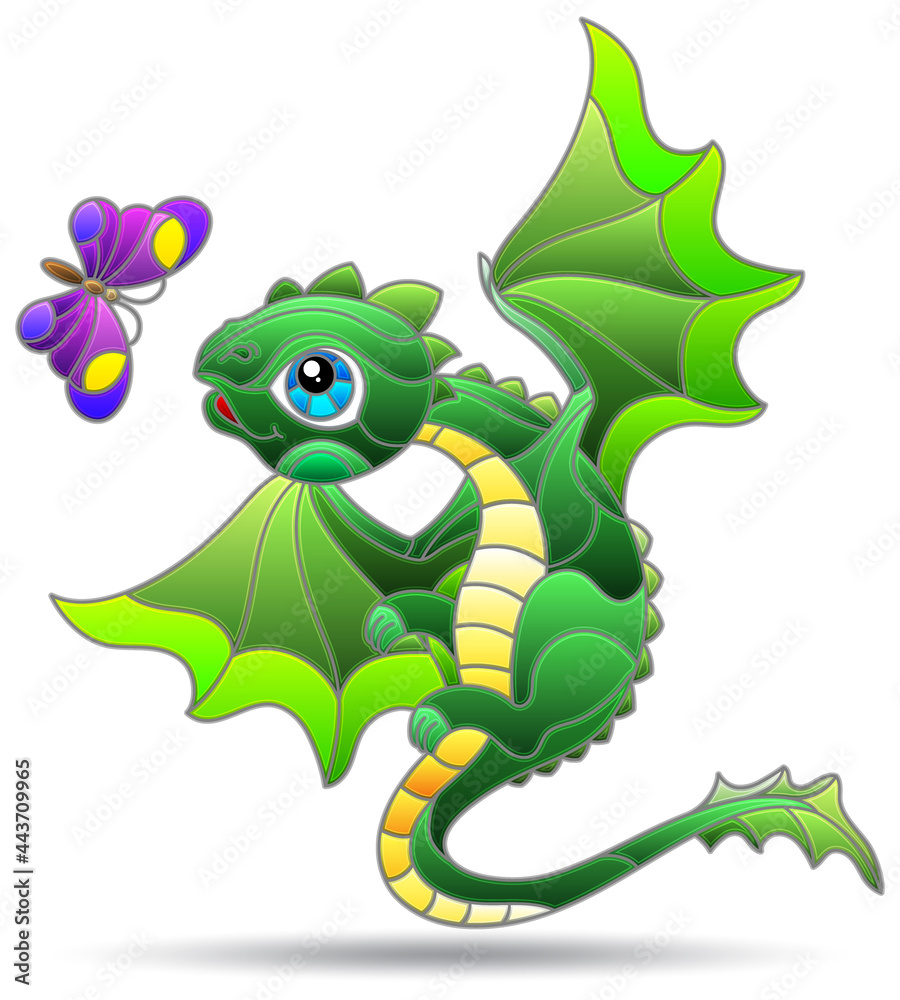 Obraz premium An illustration in the style of a stained glass window with a cute cartoon dragon, the animal is isolated on a white background