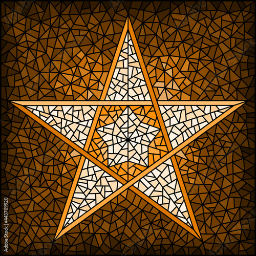 Illustration in stained glass style with abstract  five-pointed star, monochrome,tone  brown,square image
