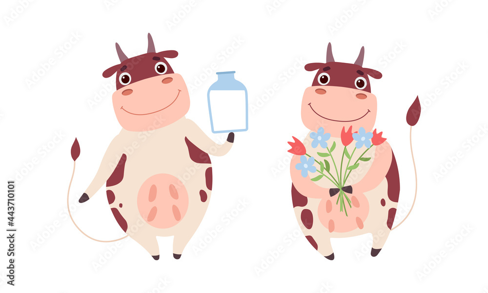 Fototapeta premium Cute Cow Characters Set, Adorable Farm Animal Drinking Milk and Holding Bouquet of Flowers Cartoon Vector Illustration