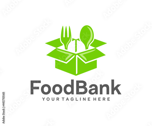 Grocery box, food, fork and spoon, logo design. Food bank, charitable foundation and organizations, vector design and illustration