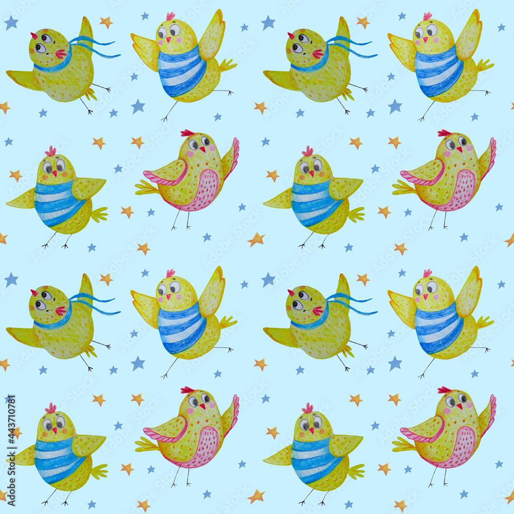 Seamless pattern with cute chickens. Funny yellow birds in striped T-shirts, run, flap their wings and fly on a blue background with stars. Watercolor illustration. Childrens collection for design Seamless pattern with cute chickens. Funny yellow birds in striped T-shirts, run, flap their wings and fly on a blue background with stars. Watercolor illustration. Childrens collection for design