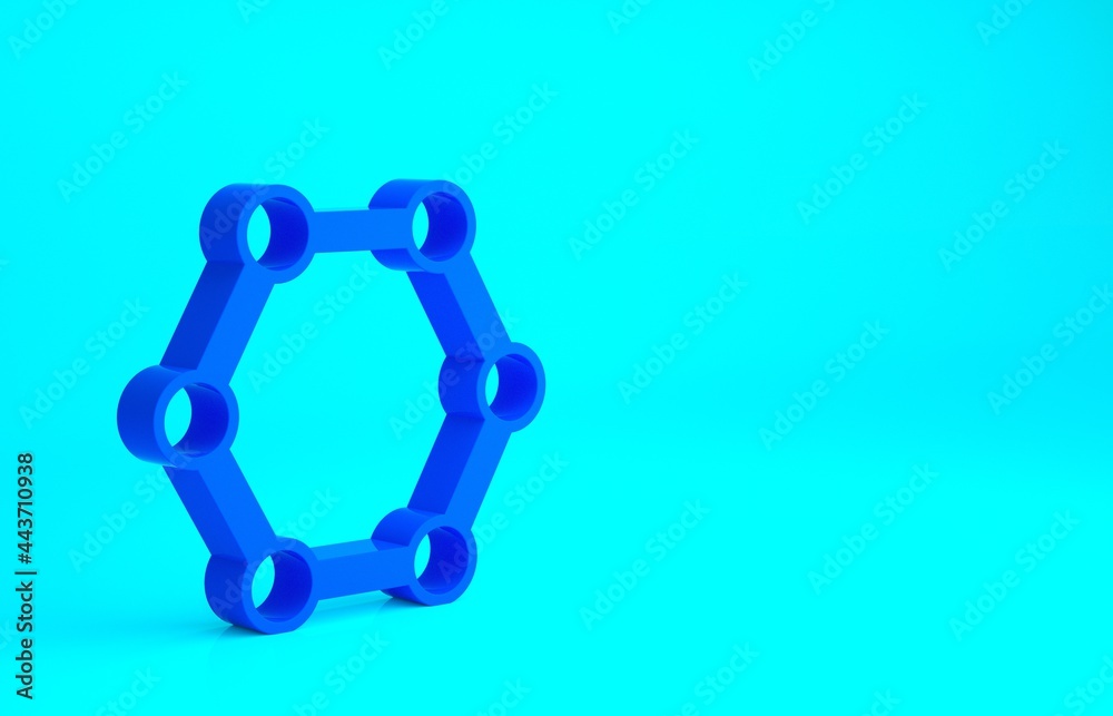 Blue Molecule icon isolated on blue background. Structure of molecules in chemistry, science teachers innovative educational poster. Minimalism concept. 3d illustration 3D render Blue Molecule icon isolated on blue background. Structure of molecules in chemistry, science teachers innovative educational poster. Minimalism concept. 3d illustration 3D render