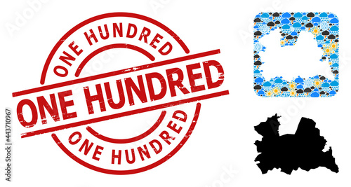 Climate mosaic map of Utrecht Province, and rubber red round One Hundred badge. Geographic vector mosaic map of Utrecht Province is organized as hole from rounded square and randomized rain, cloud,