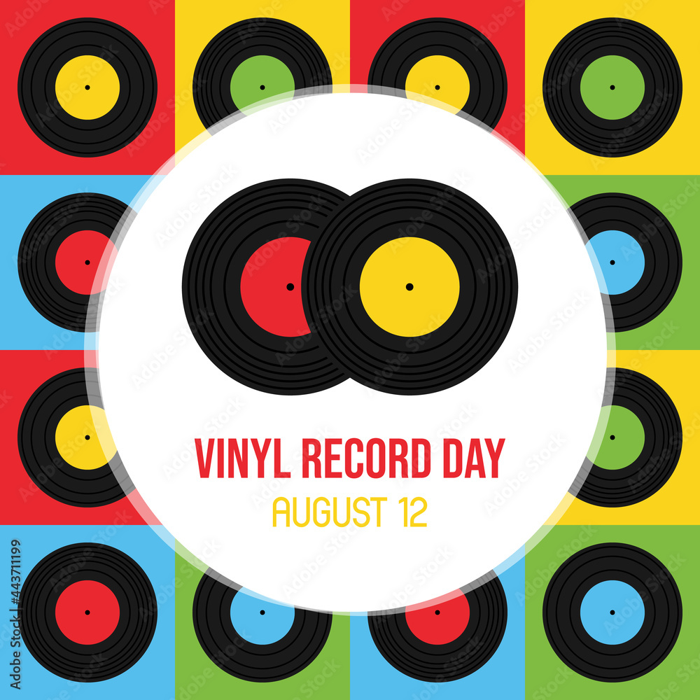 National Vinyl Record Day vector cartoon greeting card, illustration with  couple of vinyl records and colorful seamless pattern background. August  12. Stock Vector | Adobe Stock