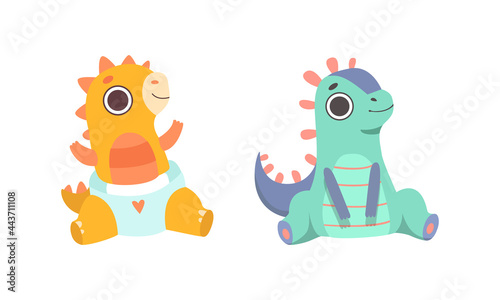 Cute Little Dinosaurs Set  Adorable Newborn Dino Babies Cartoon Vector Illustration