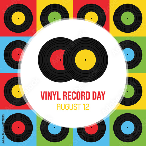 National Vinyl Record Day vector cartoon greeting card, illustration with couple of vinyl records and colorful seamless pattern background. August 12.
