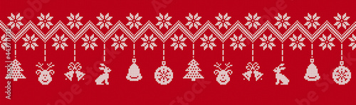 Knit seamless Christmas border. Xmas background. Red frame with deer, tree, hare and bell. Holiday knitted texture. Festive pattern. Fair isle traditional print. Vector illustration.