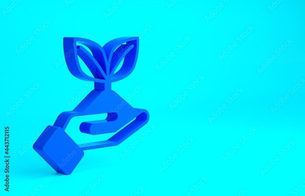 Blue Plant in hand of environmental protection icon isolated on blue background. Seed and seedling. Planting sapling. Ecology concept. Minimalism concept. 3d illustration 3D render Blue Plant in hand of environmental protection icon isolated on blue background. Seed and seedling. Planting sapling. Ecology concept. Minimalism concept. 3d illustration 3D render