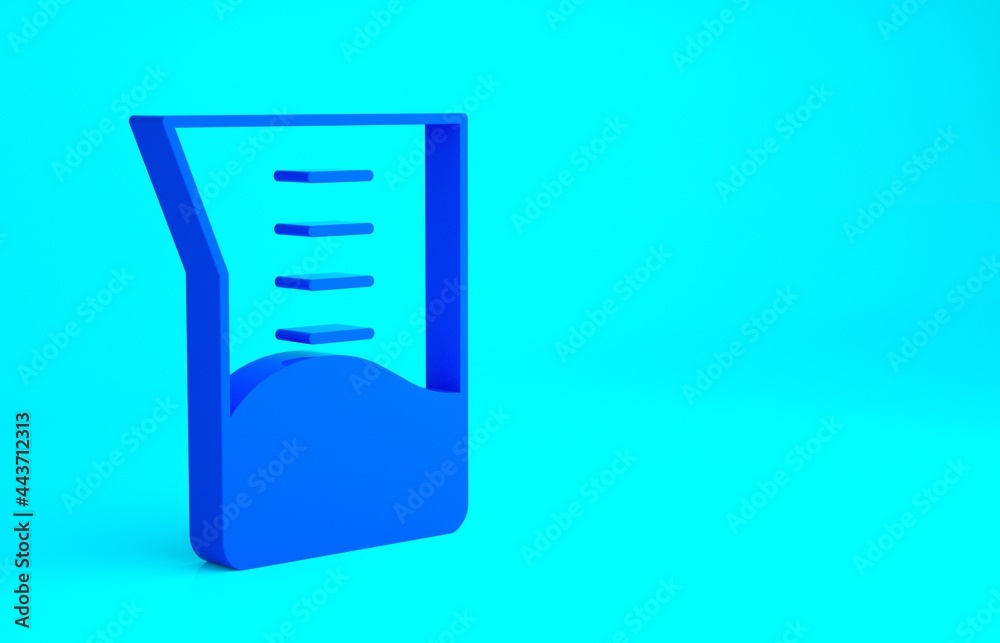 Blue Laboratory glassware or beaker icon isolated on blue background. Minimalism concept. 3d illustration 3D render Blue Laboratory glassware or beaker icon isolated on blue background. Minimalism concept. 3d illustration 3D render