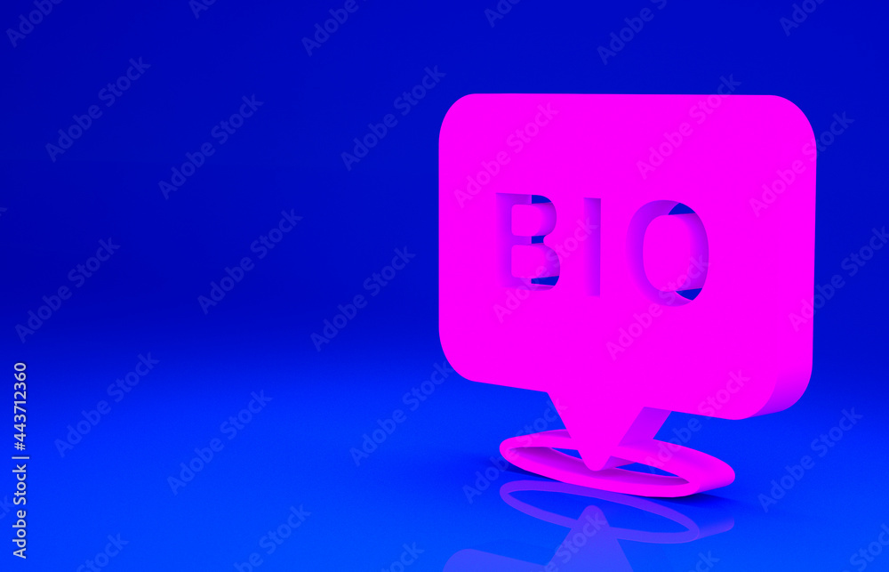 Pink Bio green healthy food icon isolated on blue background. Organic product. Healthy food sticker. Minimalism concept. 3d illustration 3D render Pink Bio green healthy food icon isolated on blue background. Organic product. Healthy food sticker. Minimalism concept. 3d illustration 3D render