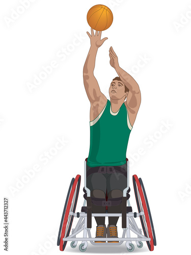 para sports paralympic basketball, physical disabled male athlete sitting in wheelchair throwing ball, isolated on a white background