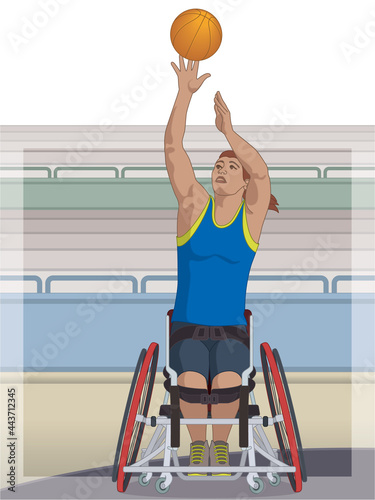 para sports paralympic basketball, physical disabled female athlete sitting in wheelchair throwing ball, with stadium seating in background
