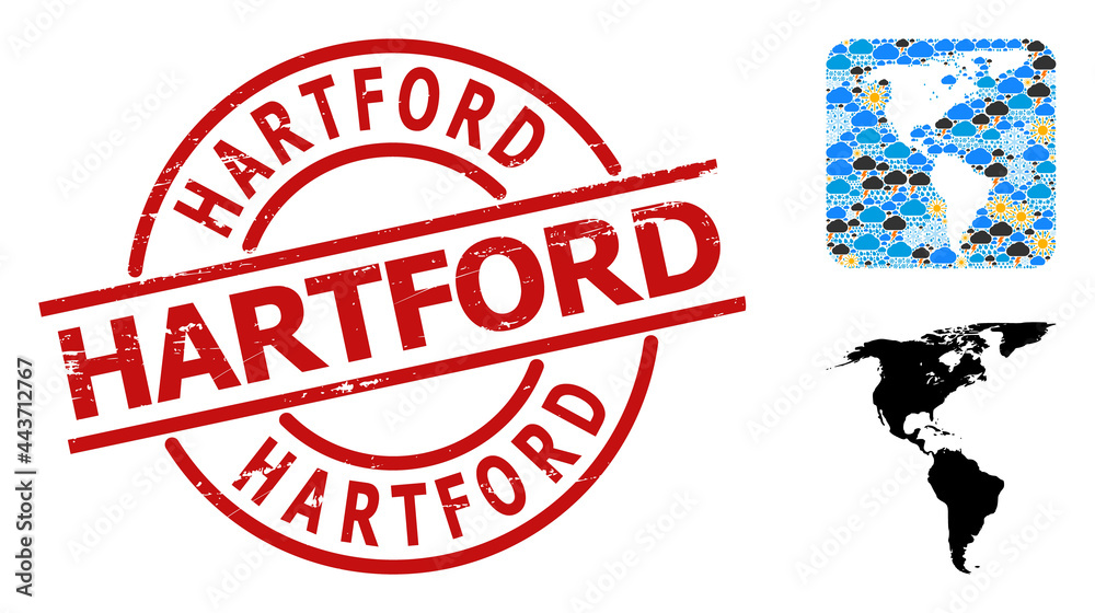 Weather collage map of South and North America, and rubber red round Hartford stamp. Geographic vector collage map of South and North America is created as hole from rounded square and scattered rain,
