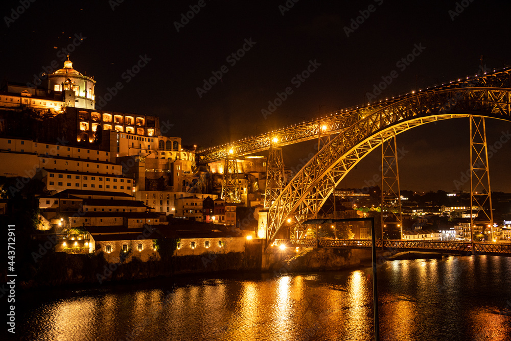 Night shot of Porto looking towards Vila Nova de Gaia, with the illuminated 