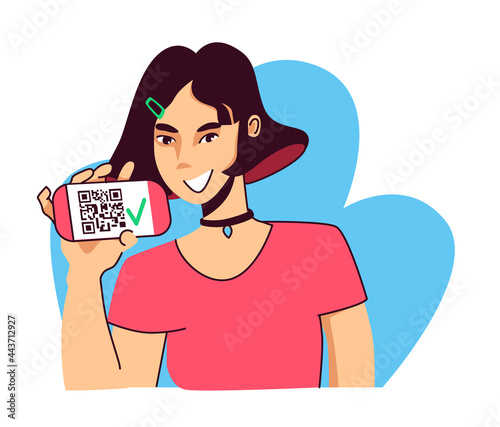 smiling asian girl showing phone with qr code and confirmation check mark. Concept of electronic pass, health passport, vaccination confirmation. Vectoran illustration isolated on white background.