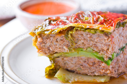minced meat casserole layered with cabbage