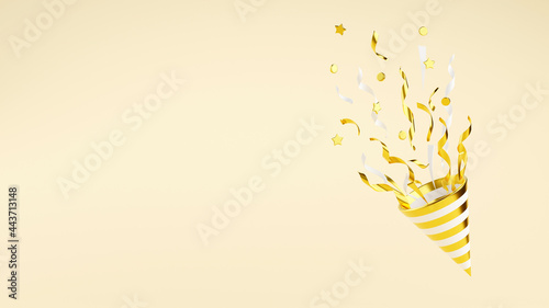 Fotografie Golden party popper with flying confetti 3d render illustration.