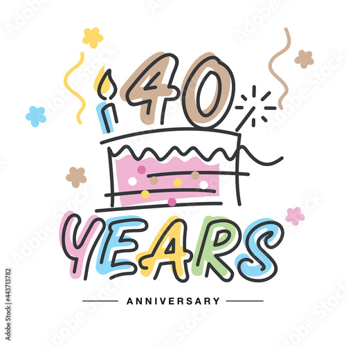 40 Years Anniversary handwritten typography lettering Greeting card with colorful big cake, sparkle firework, number, candle and confetti