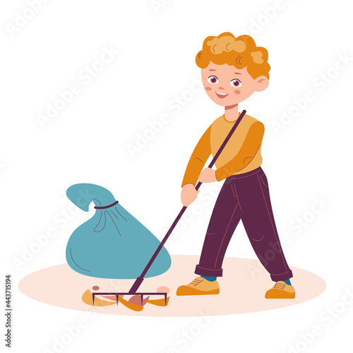 A little boy rakes the foliage debris. Garbage recycling nature cleaning concept. Vector illustration in flat cartoon style. Isolated on a white background.