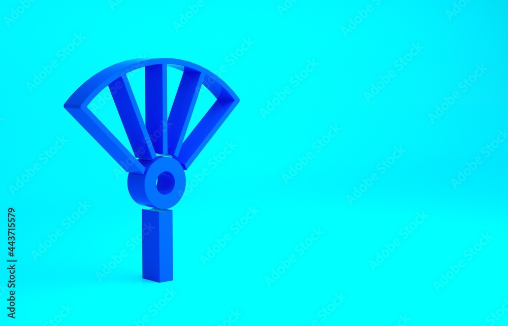 Blue Traditional paper chinese or japanese folding fan icon isolated on blue background. Minimalism concept. 3d illustration 3D render Blue Traditional paper chinese or japanese folding fan icon isolated on blue background. Minimalism concept. 3d illustration 3D render