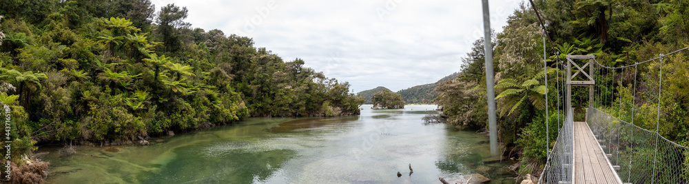 Obraz premium Panoramic view of suspension bridge over a river at Abel Tasman National Park