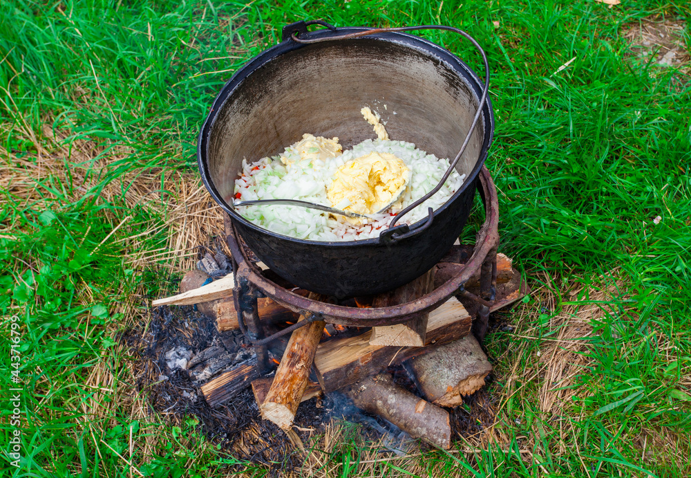 cauldron with traditional Romanian food on fire cauldron with traditional Romanian food on fire