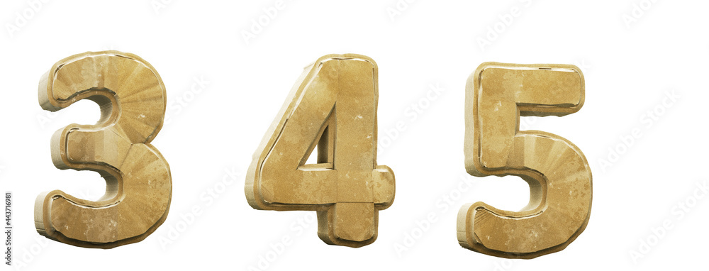 Sand alphabet. Numbers 3, 4, 5. 3D render. Path save. Sand alphabet. Numbers 3, 4, 5. 3D render. Path save.