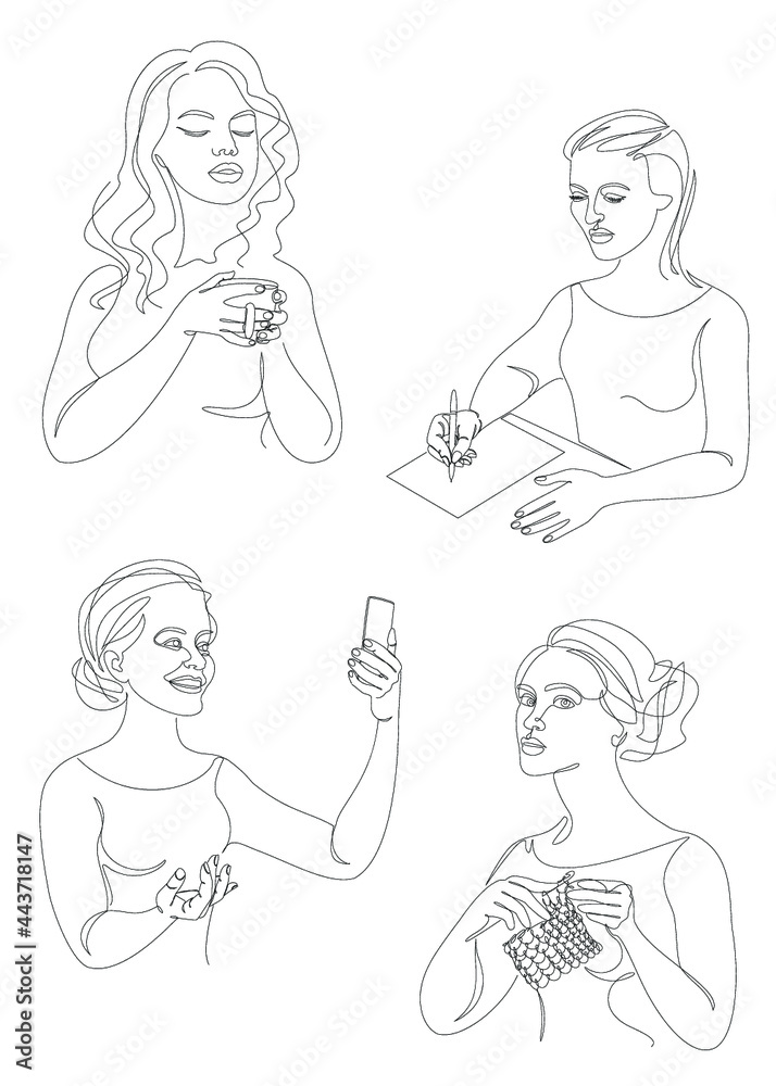 Collection. The life of a woman. Silhouettes of a lady with a cup, a pen, a knitting, a telephone in a modern one line style. Solid line, outline for posters, stickers, logo. Set of vector illustratio Collection. The life of a woman. Silhouettes of a lady with a cup, a pen, a knitting, a telephone in a modern one line style. Solid line, outline for posters, stickers, logo. Set of vector illustratio