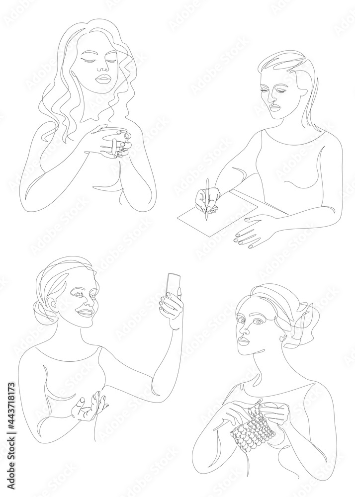 Collection. The life of a woman. Silhouettes of a lady with a cup, a pen, a knitting, a telephone in a modern one line style. Solid line, outline for posters, stickers, logo. Set of vector illustratio Collection. The life of a woman. Silhouettes of a lady with a cup, a pen, a knitting, a telephone in a modern one line style. Solid line, outline for posters, stickers, logo. Set of vector illustratio