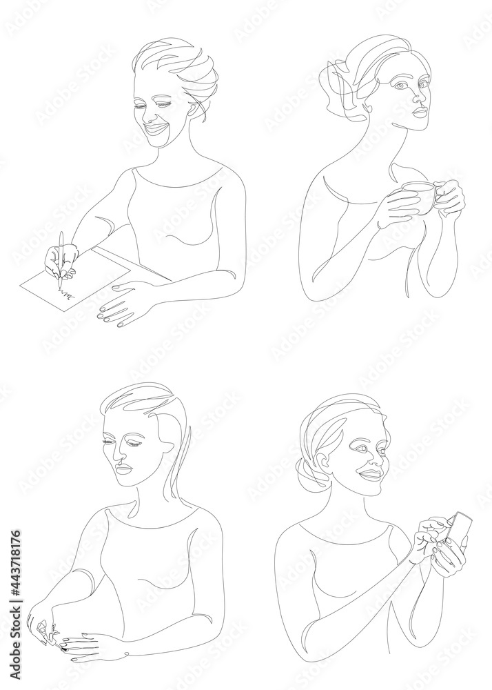 Collection. The life of a woman. Silhouettes of a lady with a cup, a pen, a knitting, a telephone in a modern one line style. Solid line, outline for posters, stickers, logo. Set of vector illustratio Collection. The life of a woman. Silhouettes of a lady with a cup, a pen, a knitting, a telephone in a modern one line style. Solid line, outline for posters, stickers, logo. Set of vector illustratio