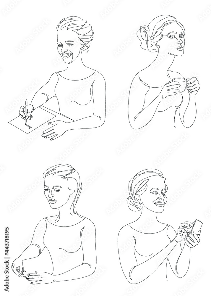 Collection. The life of a woman. Silhouettes of a lady with a cup, a pen, a knitting, a telephone in a modern one line style. Solid line, outline for posters, stickers, logo. Set of vector illustratio Collection. The life of a woman. Silhouettes of a lady with a cup, a pen, a knitting, a telephone in a modern one line style. Solid line, outline for posters, stickers, logo. Set of vector illustratio