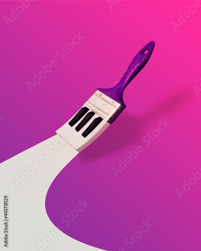 Obraz na plátně Paintbrush with piano keys which painted a bright trace on vibrant, bold, pink, purple, gradient background with copy space