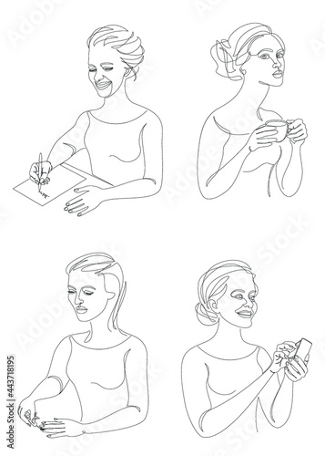 Collection. The life of a woman. Silhouettes of a lady with a cup, a pen, a knitting, a telephone in a modern one line style. Solid line, outline for posters, stickers, logo. Set of vector illustratio