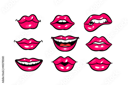 Pink red woman lips in pop art style set. Cartoon girl make up vector illustration. Sexy pop art lips sticker with open mouth and smile. Vintage cartoon pop art set of girl pink lips.