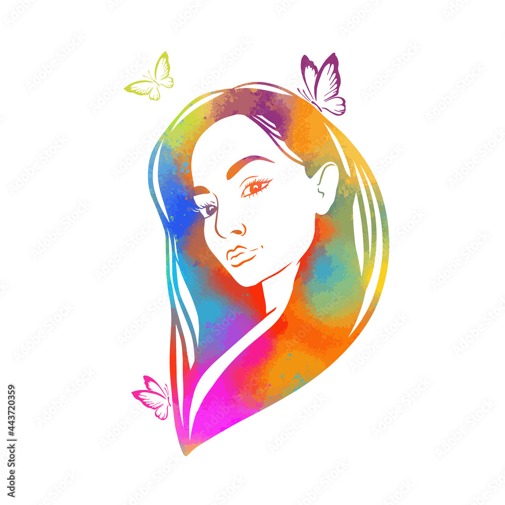 The face of a very beautiful girl With butterflies . Mixed media. Multi-colored vector illustration