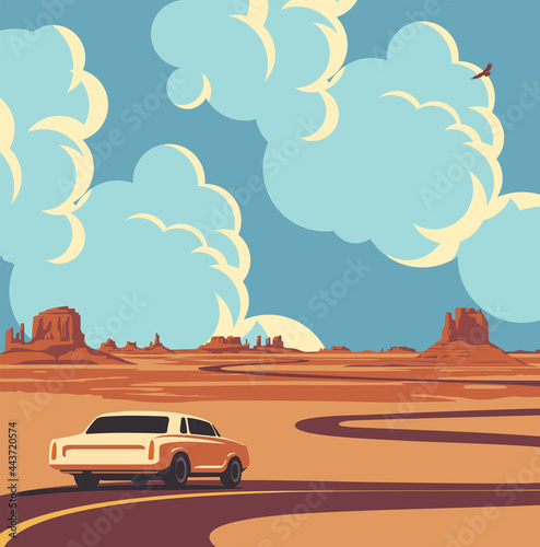 Vector illustration of a highway and a receding car at the desert with mountains and clouds in the blue sky. Summer landscape with an endless road in cartoon style. A horizon with a sandy wasteland